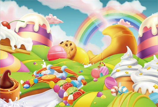 AOFOTO 5x3ft Candyland Backdrop Fantasy Giant Lollipop Candy Land Candy Themed Party Decorations Banner Cartoon Rainbow