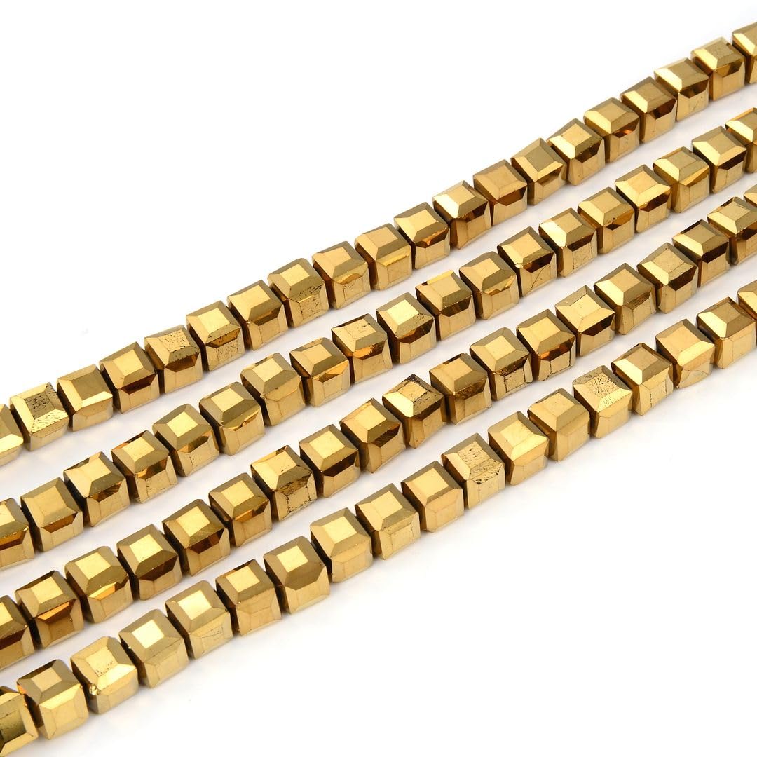 200pcs Czech Faceted Cube Crystal Glass Loose Beads Spacer Bulk 6mm (0.24 Inch) Gold Aurum for DIY Jewelry Craft Making CCC633