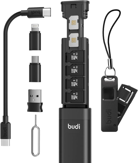 BUDI Multifunctional Compact Cable Card Travel Portable Aluminum Storage Case with Sim Card Tray Pin Eject Removal Tool