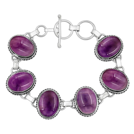 Natural Amethyst Silver Plated Handmade Link Bracelet for Women - February Birthstone Oval Gemstone Adjustable Bracelet Vintage Style Jewelry - Enegagement Wedding Christmas Gifts for Her