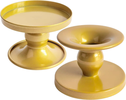 Table Gold Candle Holders - Set of 2 | Reversible Metal Stands for Pillar & Taper Candles | Elegant Home Décor for Weddings & Events