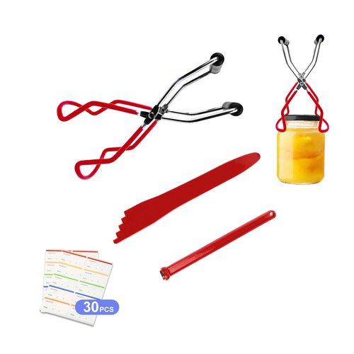 4PCS Canning Tools, Canning Jar Lifter Tongs with Jar Lid Lifter Magnetic Lid Lifter,Canning Bubble Popper Bubble Remover and Canning Labels for Canning Supplies Starter Kit,Home Kitchen, Red