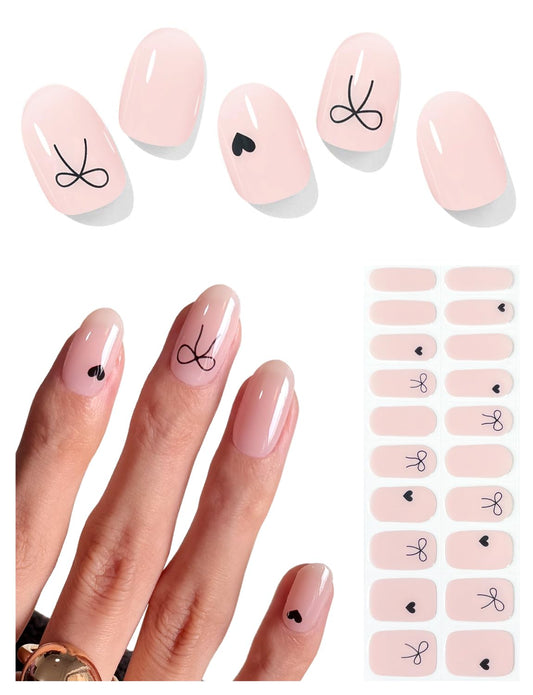 AutyaMee Semi Cured Gel Nail Strips (Black Bow), Jelly Nude, 20 Pcs Gel Nail Wraps, Stickers, UV Light Required, Salon Quality, Long Lasting