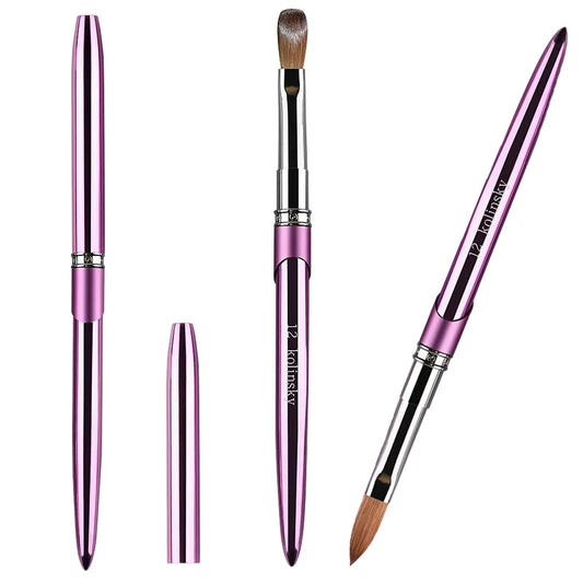 100% Pure Kolinsky Acrylic Nail Brush Size 12, Hair Acrylic Crystal Chrome Purple with Silver Ferrule Round Shaped for Women Girls Manicure Tools Accessories