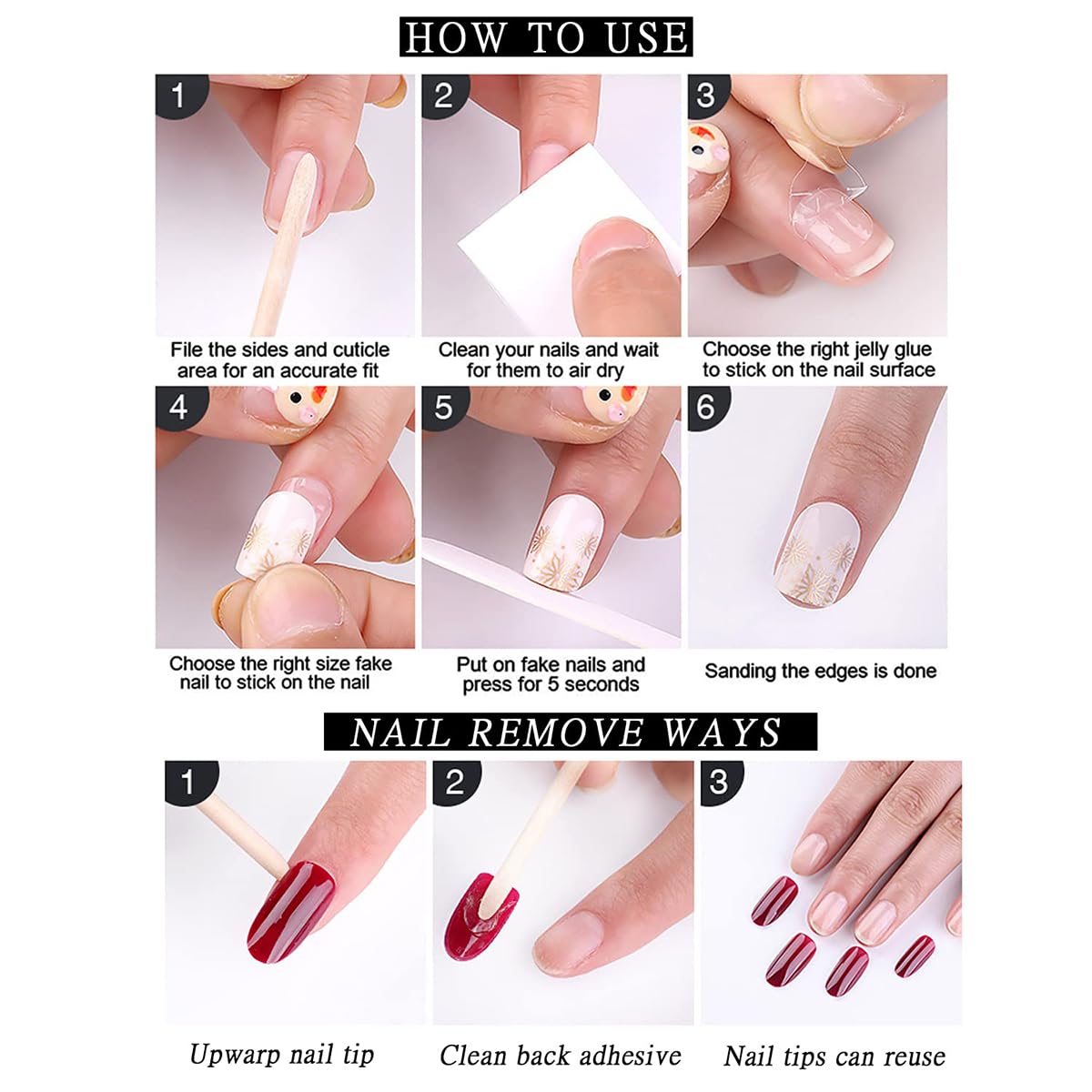 French Tip Press on Nails Medium Almond Fake Nails with Glue Nude Glitter Glossy Acrylic Nails Design Star Heart Bow Rhinestones Design False Nails for Women Manicure Decoration 30PCS