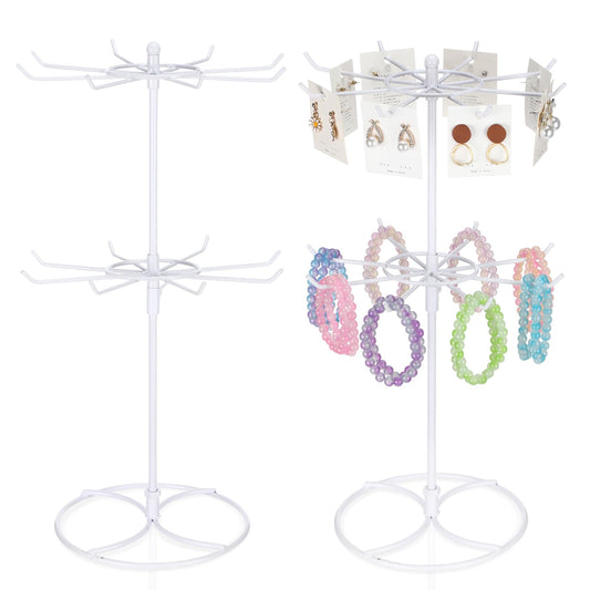 Tandefio 2 Pcs Rotating Bracelet Display Stand Jewelry Rack Metal Adjustable Display Holder with Hooks Organizer for Necklace (White,2 Tier)