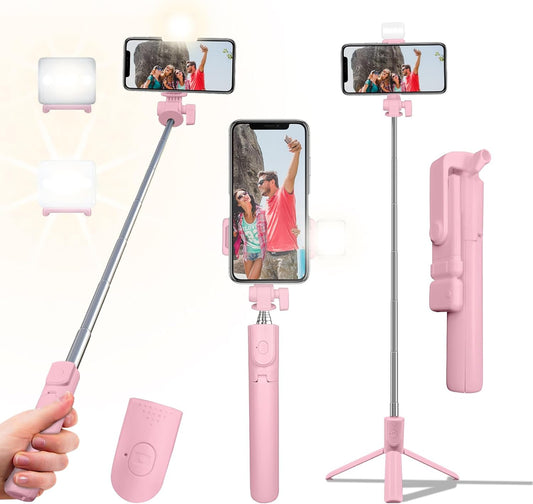 Bollove 40in Selfie Stick Tripod, Retractable Phone Tripod with Wireless Remote Control & Light, Portable Selfie Stick