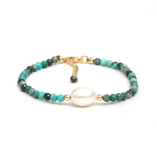 Gempires Chrysocolla Beads with Freshwater Pearl Beaded Bracelet Lightweight Handmade Jewelry Hypoallergenic Gold Plated 7.5 Inch Adjustable Chain