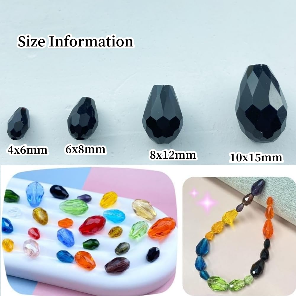 Honkoolly 200pcs 4x6mm Teardrop Crystal Glass Beads Vertical Hole Faceted Glass Teardrop Spacer Beads for Bracelets Necklace Earring DIY Jewelry Making Craft(Black)