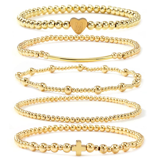 14K Gold Cross Beaded Initial Bracelet Stack for Women,Dainty Stretch Gold Plated Letter “M” Stackable Bracelets Bohemian Layered Prom Party Accessories Jewelry Gift Friendship