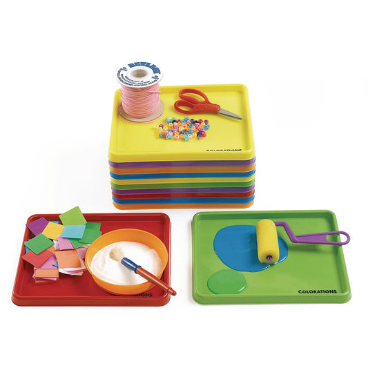 Colorations set of 12 Kids Activity Plastic Trays, Rainbow of Colors, Arts and Crafts Organizer Tray, Serving Tray, Great for Crafts, Beads, Water Beads, Paint, Toys, building blocks (Item # MTRAY)