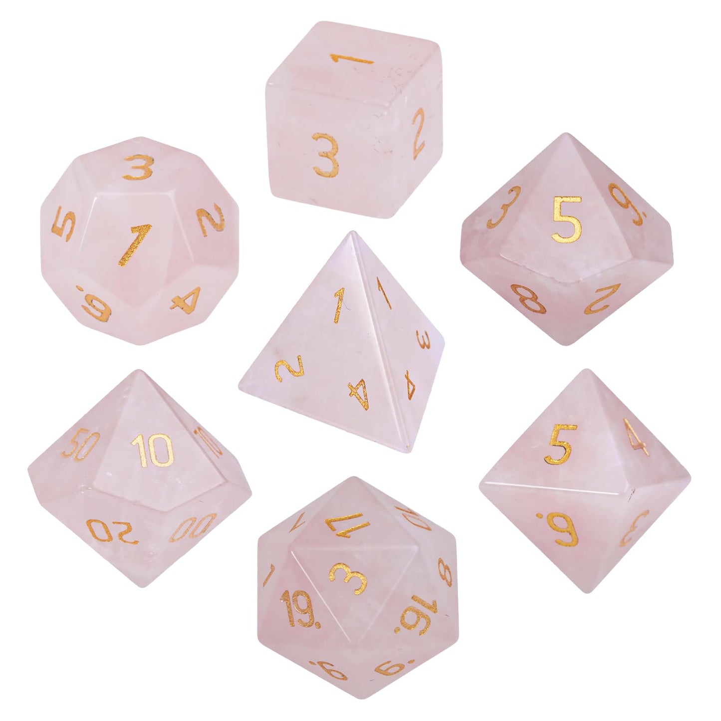 mookaitedecor 7 PCS Rose Quartz Crystal Polyhedral DND Dice Set, Polished Tumbled Stones Dices for RPG MTG Table Games Home Decoration
