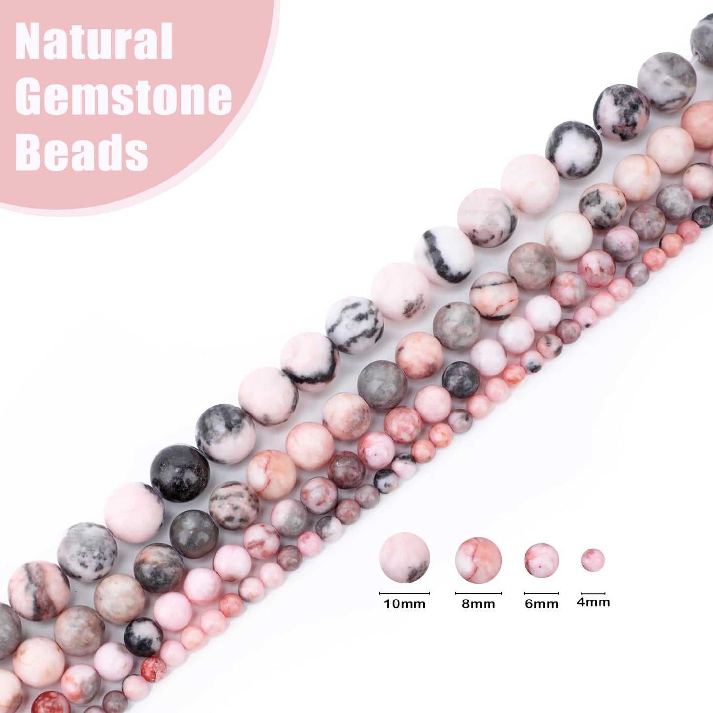 CMBYN Natural Stone Beads Round Genuine Real Stone Beading Strand Loose Gemstones DIY Smooth Bead for Bracelet Necklace Earrings Jewelry Making (Pink Zebra, 10mm 36 Pieces)