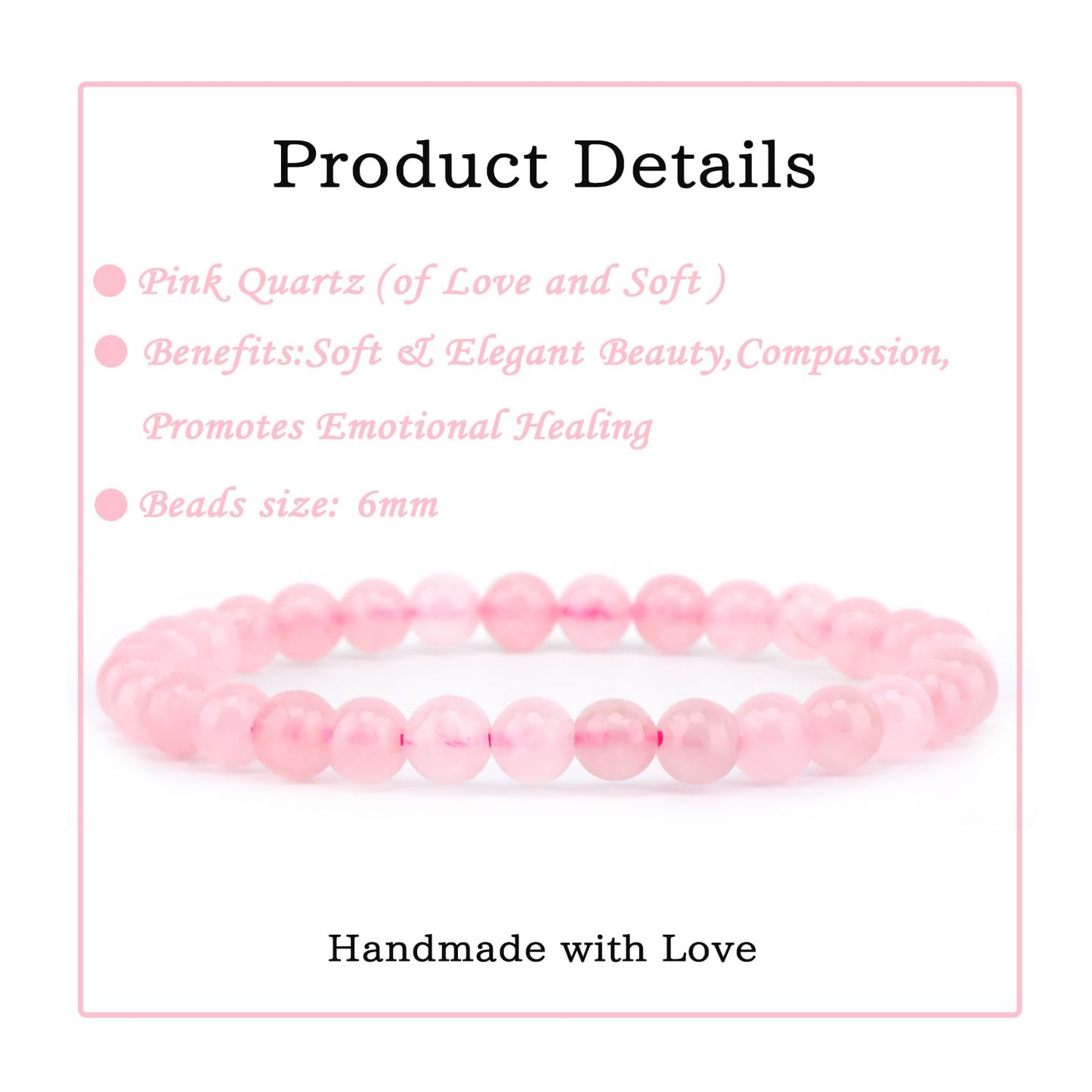 Bymitel 6mm Pink Quartz - Handmade Reiki Gemstone Stretch Bracelet, Natural Beauty & Spiritual Essence, Crystal Healing for Unisex Adults