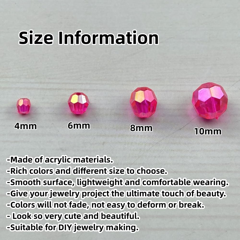 Pinhoollgo 1800pcs Acrylic Faceted Round Beads 4mm 6mm 8mm 10mm AB Colors Glossy Acrylic Round Spacer Beads with Hole for DIY Bracelet Necklace Jewelry Making Supplies Handmade Craft(Rose Red AB)