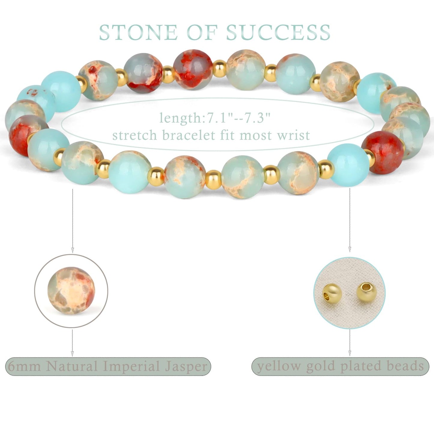 QOGIR Imperial Jasper - Stone of Success - 14K Gold Plated Beads Natural Gemstone Stretch Elastic Dainty Healing Beaded Bracelets Gifts 6mm