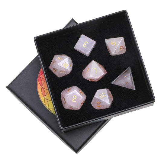 mookaitedecor 7 PCS Rose Quartz Crystal Polyhedral DND Dice Set, Polished Tumbled Stones Dices for RPG MTG Table Games Home Decoration