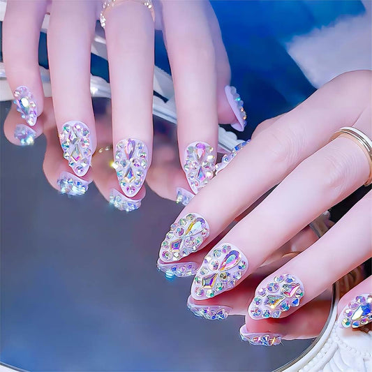 Almond Press on Nails Pink Fake Nails with Nail Glue Acrylic False Nails with 3D Colored Rhinestones Designs Glossy Flash Diamond Extra Short Stiletto Artificial Nails Stick on Nails for Women 24Pcs