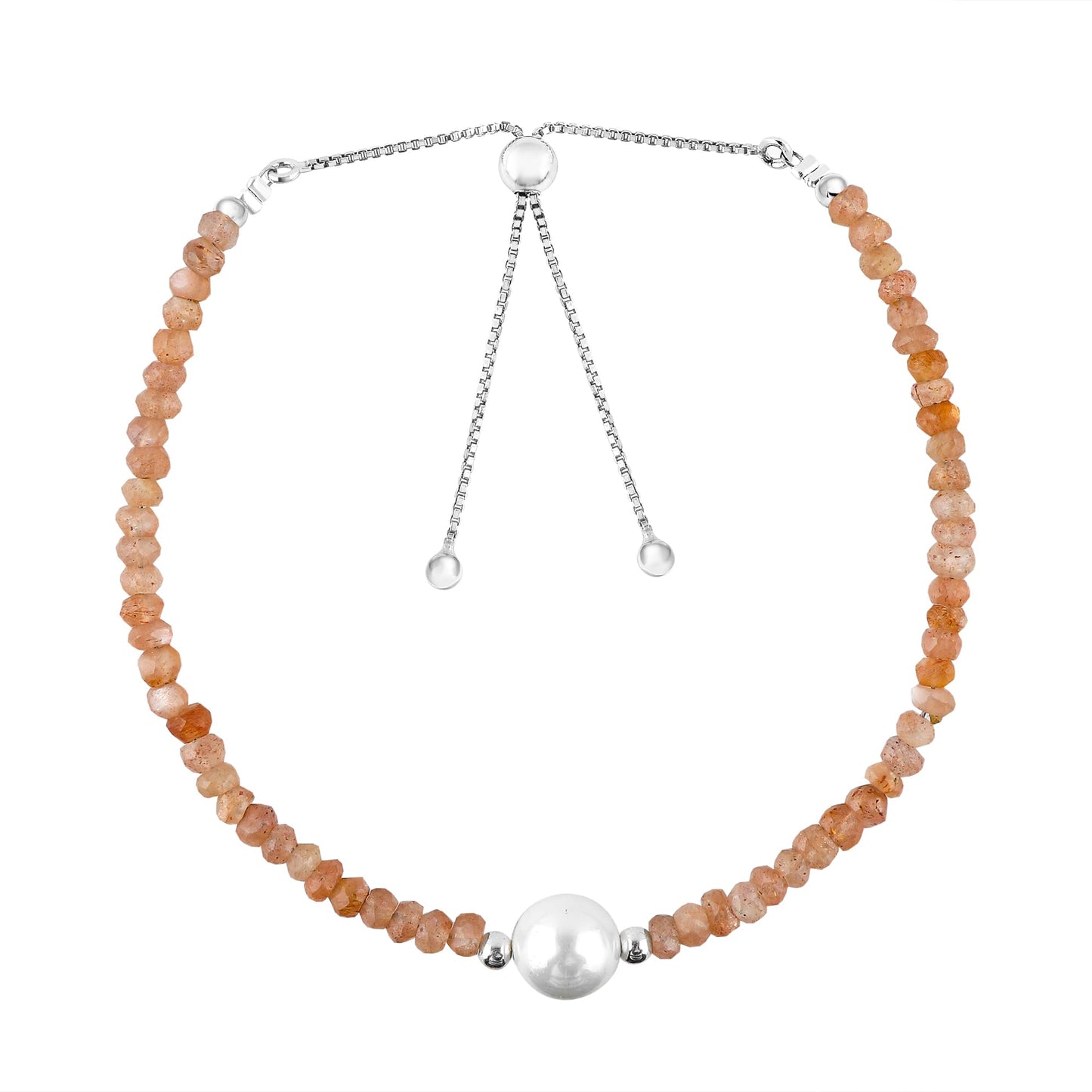 CRYSTALINES Natural Peach Moonstone Gemstone Bolo Bracelet & Pearl, Faceted Beads Stones, Handmade Boho Hypoallergenic Jewelry, Healing Crystals, Silver Chain 6+4inch, June Birthstone Gifts