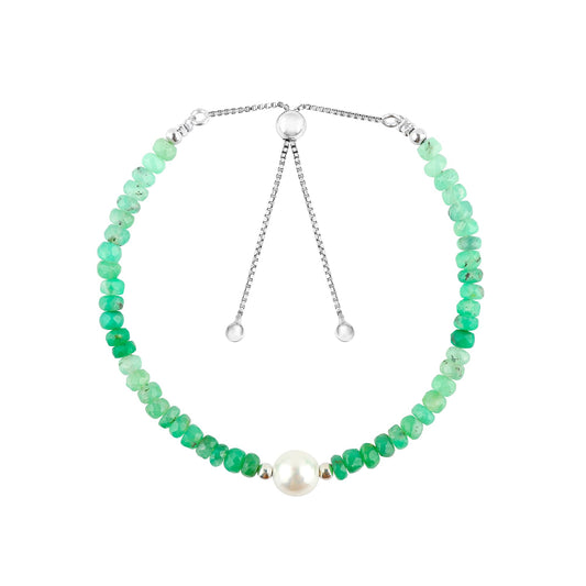 CRYSTALINES Natural Chrysoprase Gemstone Bolo Bracelet with Cultured Pearl, Handmade Boho Jewelry, Healing Crystals, Faceted Stones, Silver Plated Slider, Christmas Gift for Women, 10inch