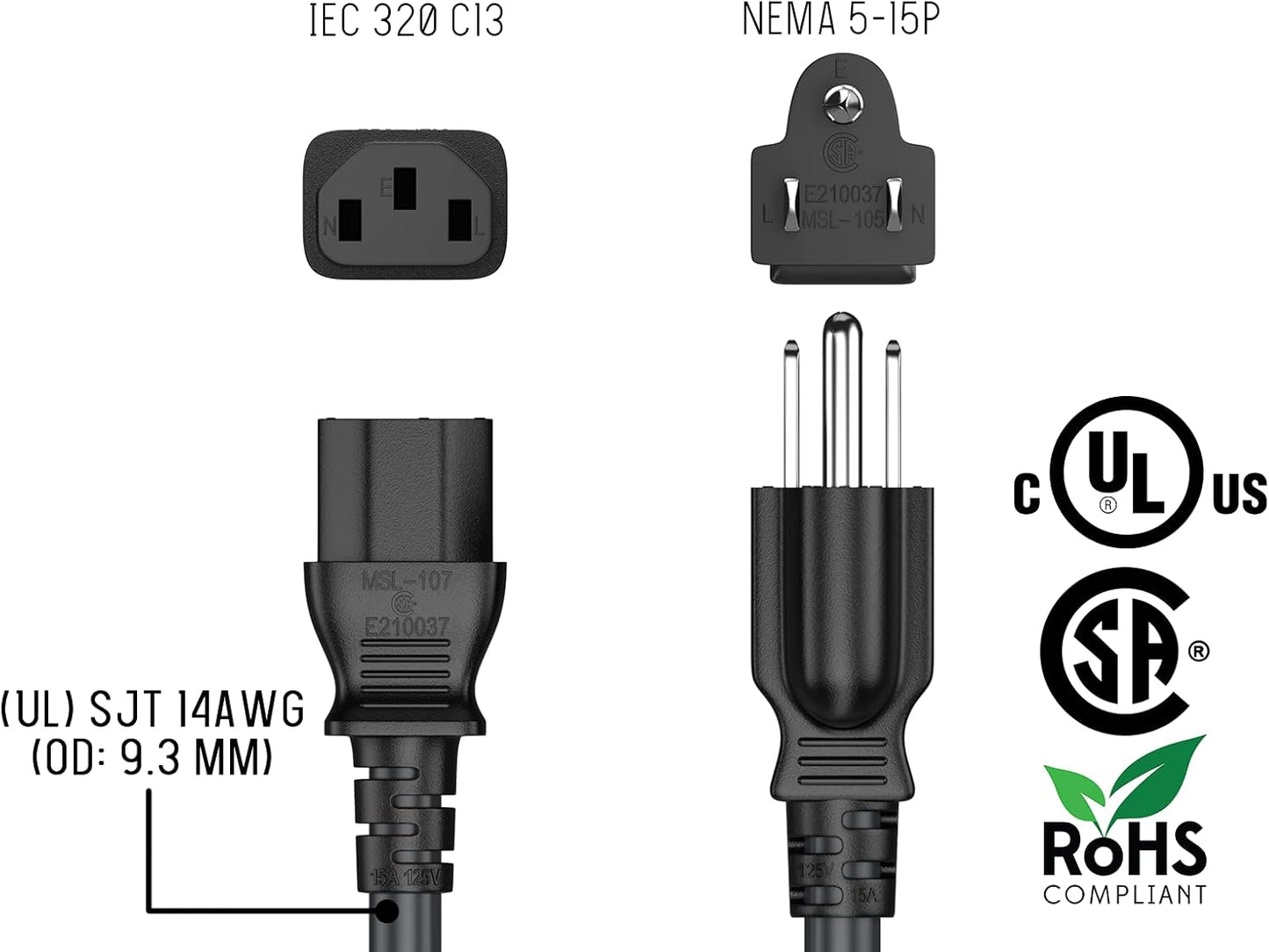Cable Leader 10ft 18 IEC320 C13 5-15P, AWG Universal Power Cord to NEMA Extension Power Cord, Compatible