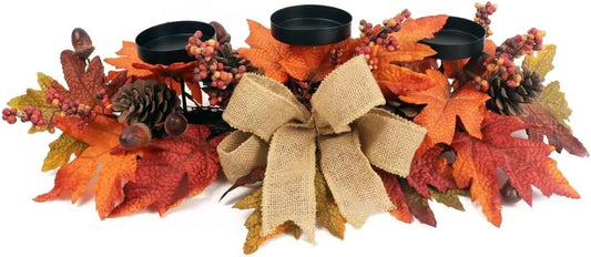 Fall Candle Holder Centerpiece with Maple Leaves, Pinecones, Berries & Burlap Bow,Thanksgiving Table Centerpiece Decoration for Dining Table, Mantel & Autumn Harvest Home Décor