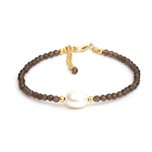Gempires Smoky Quartz Beaded Bracelet with Freshwater Pearl Gemstone Jewelry Brown Crystal Handmade Bracelet Hypoallergenic 7.5 Inch Gold Plated Lightweight Western Jewelry