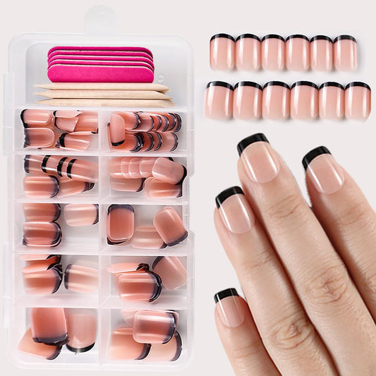 120 Pcs French Tip Press on Nails Short Square Fake Nails Black French Tip False Nails Full Cover Acrylic Glue on Nail Nude Pink Artificial Stick on Nail for Women Manicure