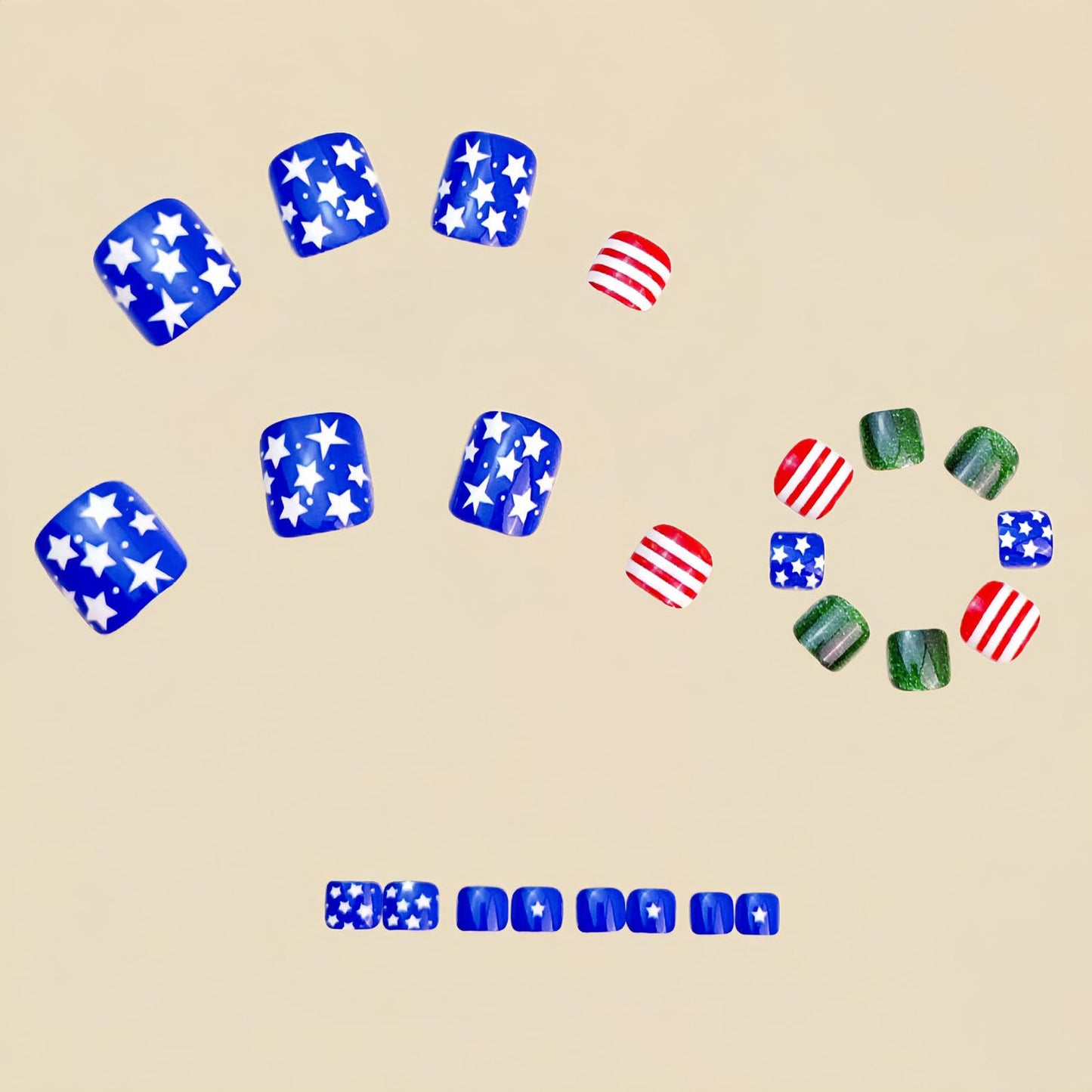 RUOKEXIN 4th of July Press on Toenails Short Square Fake Toenails with American Flag Designs 250th Anniversary USA Toe Nail Press ons Sparkly Artificial Nails for Women 24Pcs