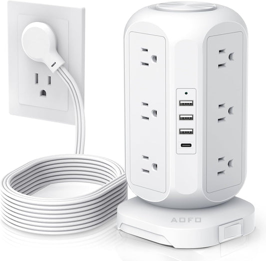 AOFO 12 4 USB(1 10Ft Tower Power Strip Flat Plug with Outlets USB C), Surge Protector Charging Station with Overload
