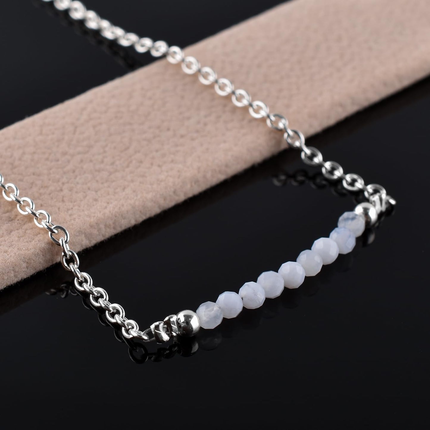 YANARA Blue lace Agate Ankle Bracelet for Women Jewelry, Natural Birthstone, Gemstone Beads, Handmade Dainty Anklet 9"+1.25" inch, 3mm Rounds, Chakra Energy Crystals, Silver Plated Chain