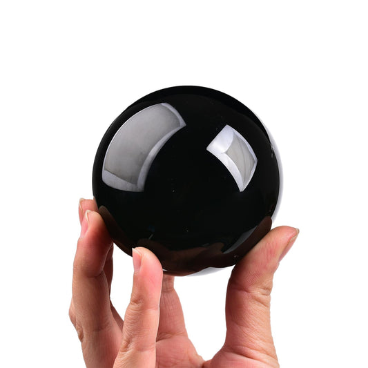 JIC Gem Small Black Crystal Ball - Obsidian Sphere with Wooden Stand for Feng Shui Healing, Meditation (70-80mm)