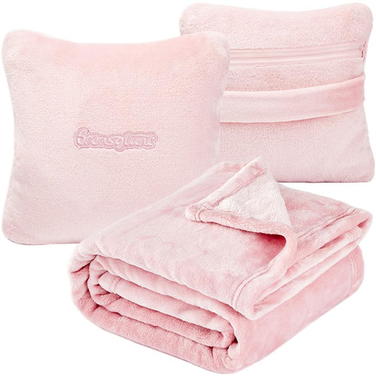 Brensglunt Travel Blanket Pillow, Premium 2 in 1 Flannel Airplane Blanket Compact for Travel,Office, Home,Travel Essentials Accessories for Plane and Car,Compact Office Blanket (Pink)