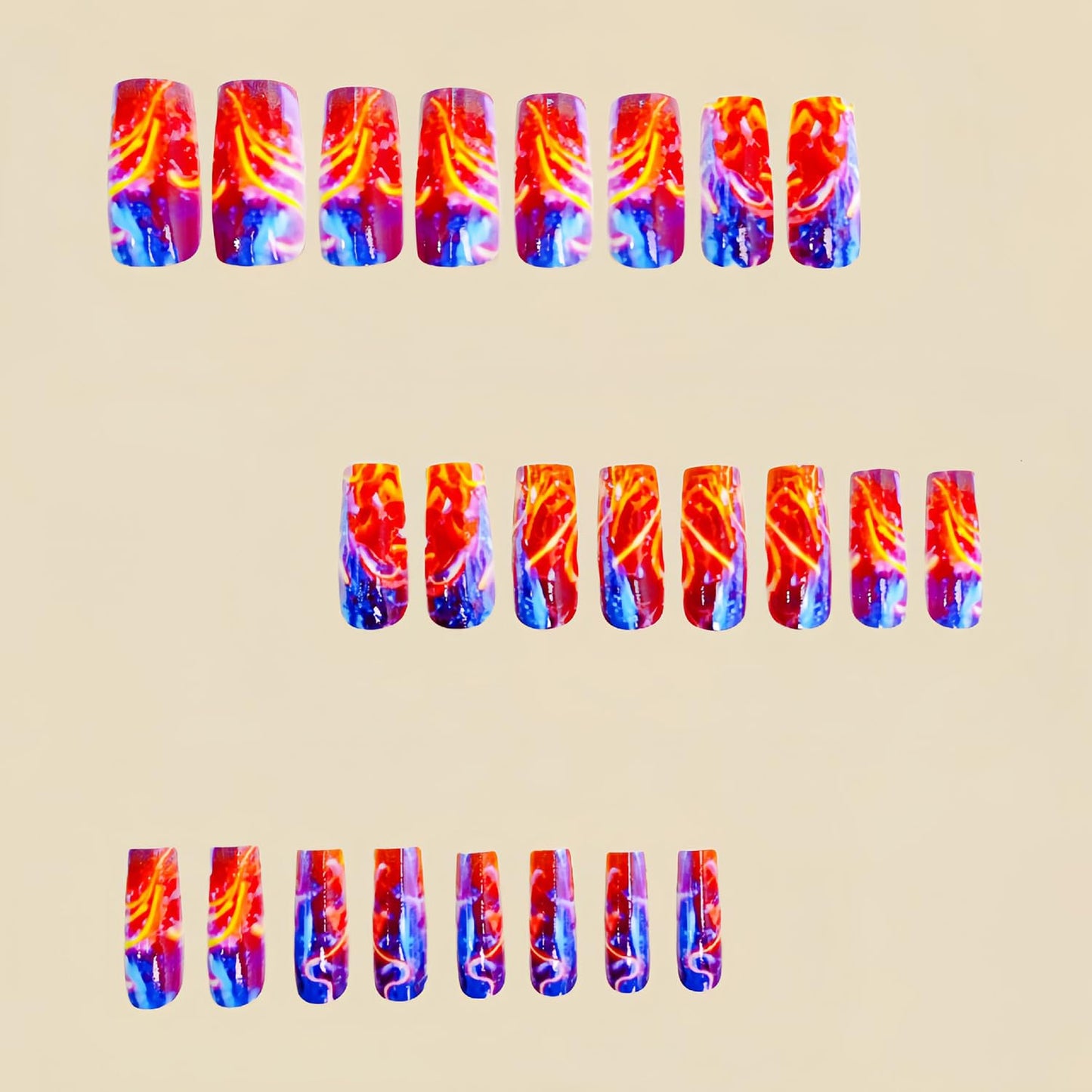 Press On Aurora Flame Stripe Red Blue Lightning Design Square False Nails - Artificial Full Cover Acrylic Coffin Reusable Glue on DIY Stick on Nails for Women - 24Pcs