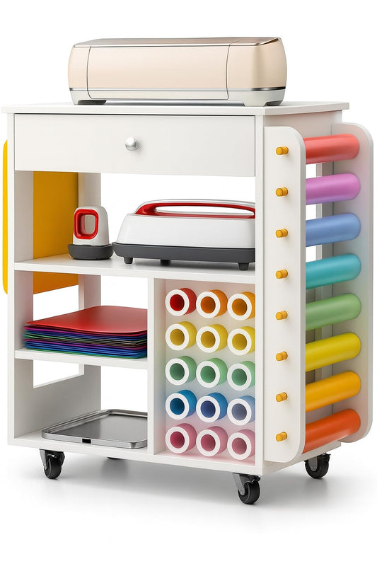 Craft Organizers and Storage Table Compatible with Cricut Machine, VDamu Crafting Cabinet Cart with Vinyl Roll Holder for Craft Room Home Office