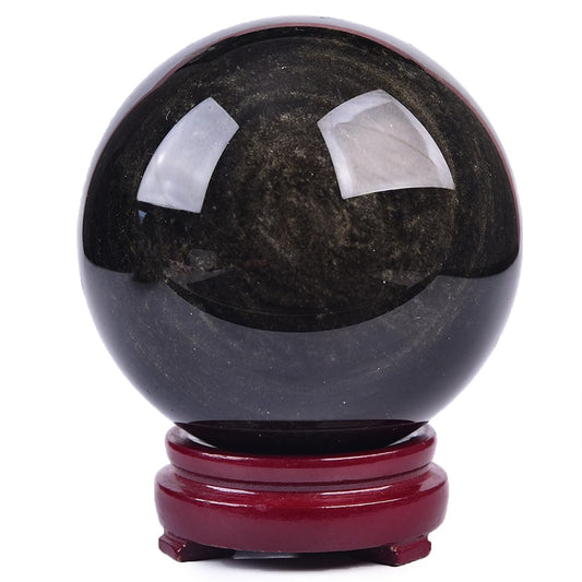 JIC Gem Large Golden Obsidian Crystal Ball with Stand Natural Quartz Crystal Sphere Healing Ornament Witchcraft Meditation Home Decor 3.5-4 inch(90-100mm)