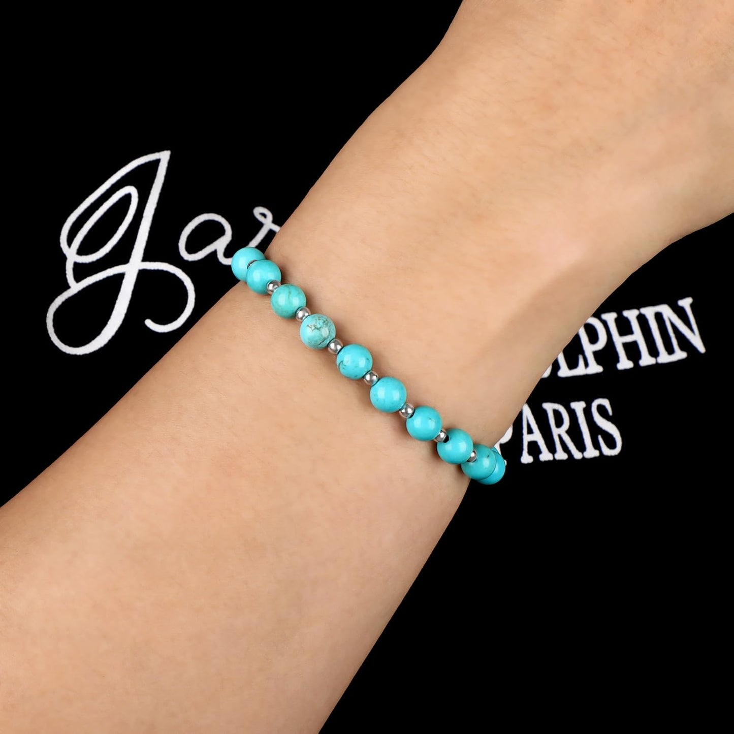 QOGIR Blue Turquoise - Stone of Wisdom - Stainless Silver Beads Natural Gemstone Stretch Elastic Dainty Healing Beaded Bracelets Gifts 6mm