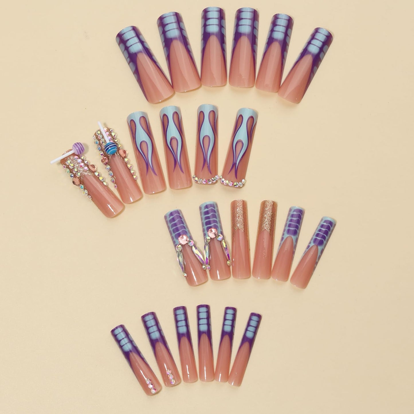 Press on Nails Extra Long - Aegenacess Square Press On Nails with 3D Rhinestones, Nude Blue Purple French Tips Y2K Fake Nails with Glue Sticker, Handmade 24 pcs Stick On Nails False Nail in 12 Sizes