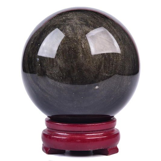 JIC Gem Large Golden Obsidian Crystal Sphere Quartz Crystal Ball with Stand Healing Ornament Witchcraft Meditation Home Decor 3.1-3.5 inch(80-90mm)