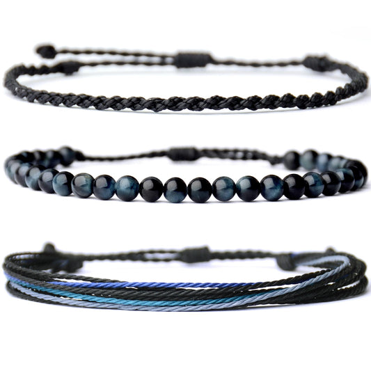 Handmade Natural Stone Beaded Healing Bracelet Gift for Men Adjustable Rope String Bracelet (Tiger Eye（Black）, Adjustable)