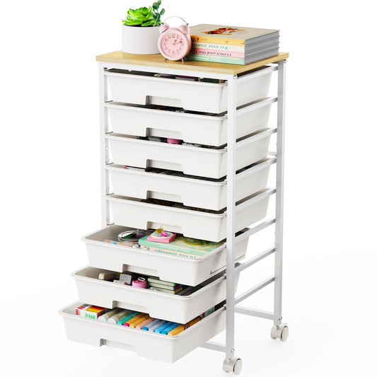 LEHOM Rolling Storage Cart with 8 Drawers, Utility Cart on Wheels with Metal Frame and Wooden Tabletop for Living Room Bedroom Dorm, Office Storage & Art Supply Craft Organizer for Classroom