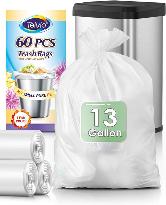 Teivio 13 Gallon Tall Kitchen Trash Bags - 60 Count Clear Garbage Bags for Home & Office