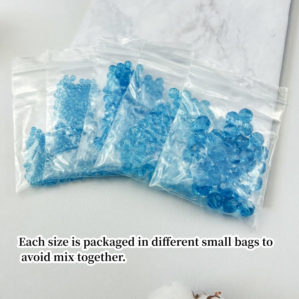Honkoolly 480pcs Crystal Glass Beads 3mm 4mm 6mm 8mm 10mm Round Faceted Glass Spacer Beads for Bracelets Necklace Earring DIY Jewelry Making Craft(Lake Blue)