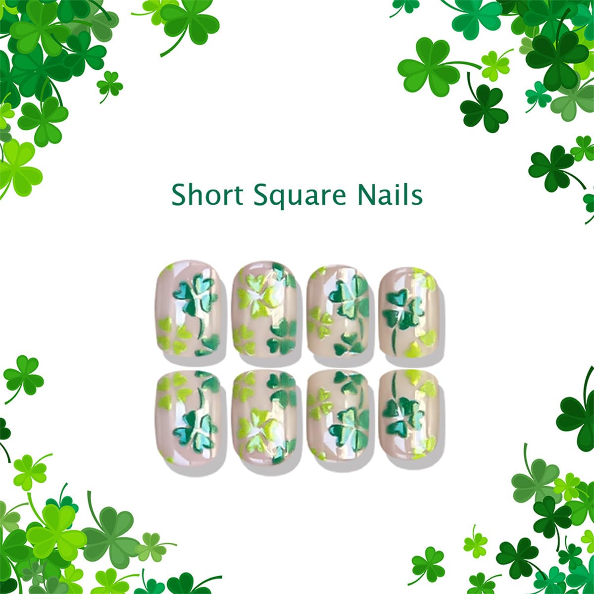 24Pcs St. Patrick's Day Press on Nails Short Square QUNQINLI Fake Nails with Four-Leaf Clover Designs Green Nails Press ons Glossy Full Cover Nude Glue on Nails Reusable Stick on Nails for Women