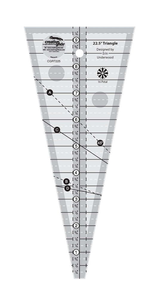 Creative Grids 22-1/2 Degree Triangle Ruler– CGRT225 – Made in USA, 4-1/4in x 9-1/2in, Non-Slip Grip Acrylic Quilting, Sewing, Crafting, Patchwork Ruler & Template