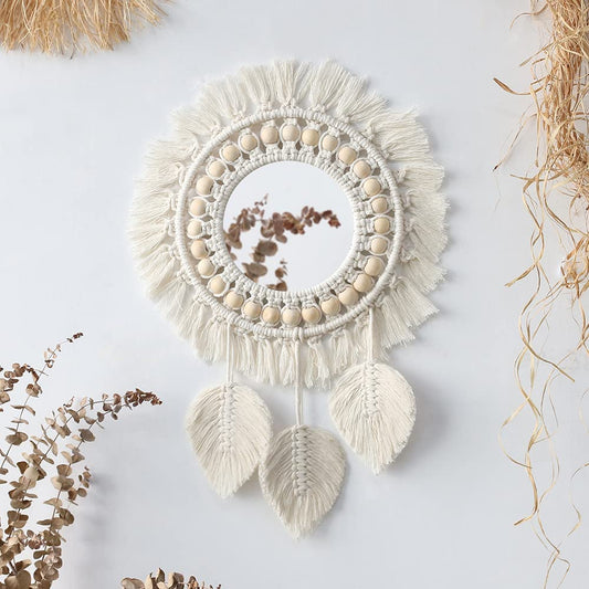 Artilady Macrame Hanging Wall Mirror - Boho Fringe Round Handmade Decorative Acrylic Mirror for Apartment Living Room Bedroom Baby Nursery Home Decor (Leaf)