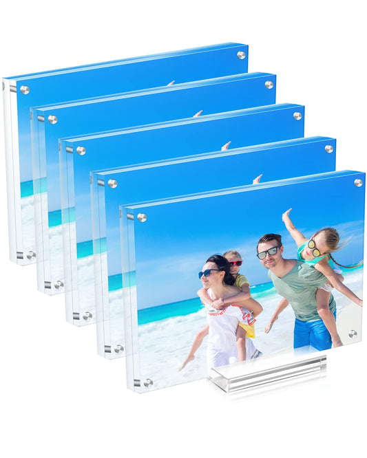 JUOIFIP 5 Pack Acrylic Picture Frame 5×7 Clear Double Sided Magnetic Photo Frame - Frameless Baby Friend Family Picture Desktop Display with Support Stand and Gift Boxes