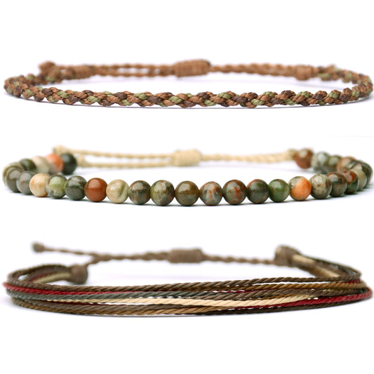 Handmade Natural Stone Beaded Healing Bracelet Gift for Men Adjustable Rope String Bracelet (Flower-Agate, Adjustable)