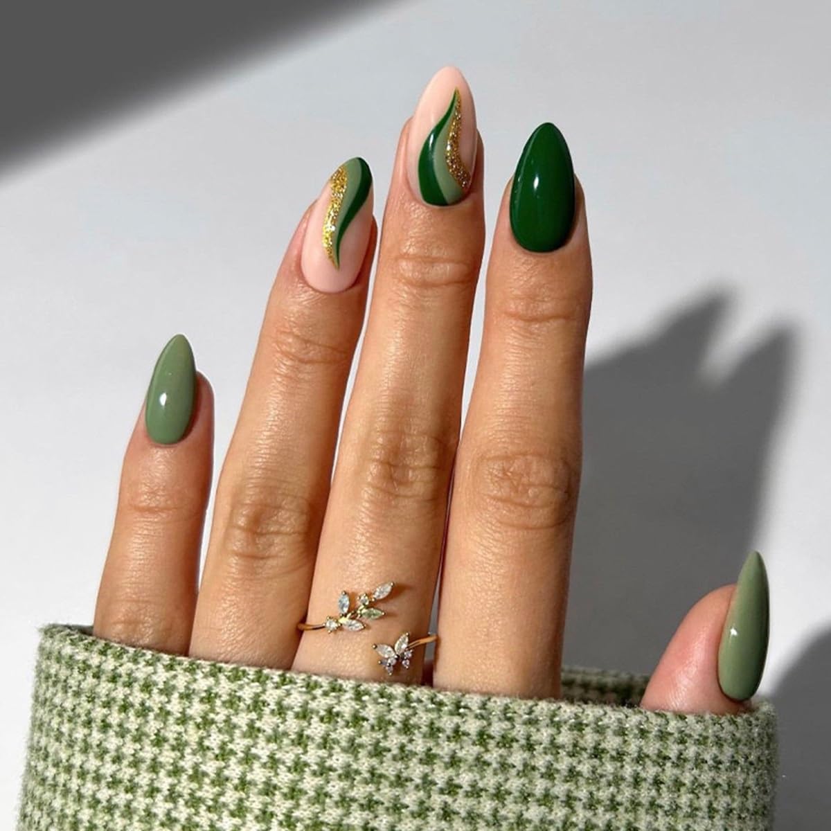 CTTHNBD Press on Nails Green - Medium Almond Fake Nails with Gold Foil Design - Christmas, Glossy Full Cover Stick on Nails - for Women 24 Pcs
