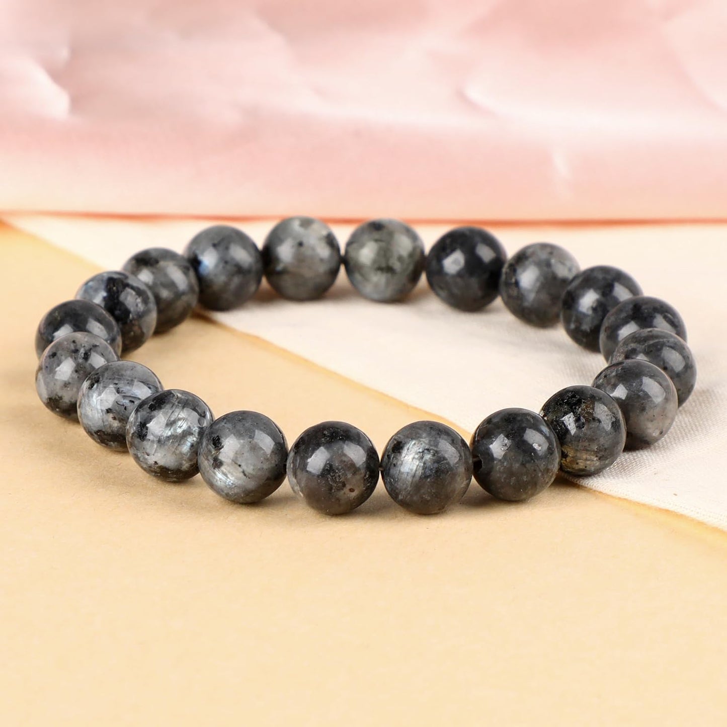 LPBeads Handmade Natural Gemstone Stretch Elastic 10mm Black Larvikite Bracelet Healing Crystal Round Stone Beads Jewelry Gifts for Women Men